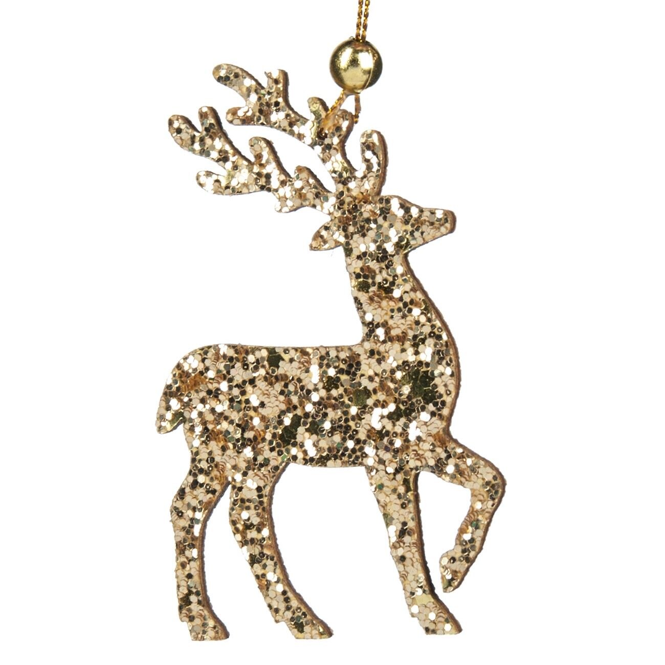 Decoratiune lemn in forma de ren cu glob auriu, DecorCasa, 9 cm