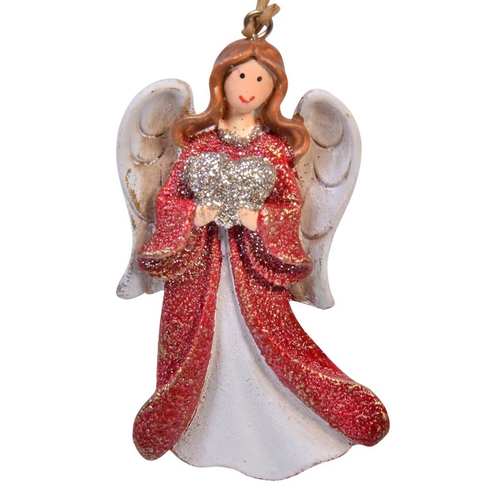 Karácsonyi Dísz, Angyal Modell, Kerámia, Piros Ruha, Ezüst Szív, 9 cm, MYONNA IT & E- COMMERCE ®