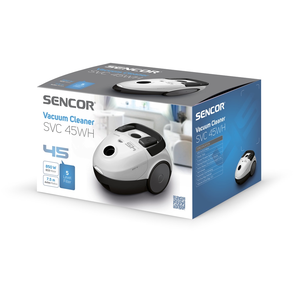 Aspirator cu sac de praf, Sencor, 850W, Capacitate sac de praf 1.5 l, Alb