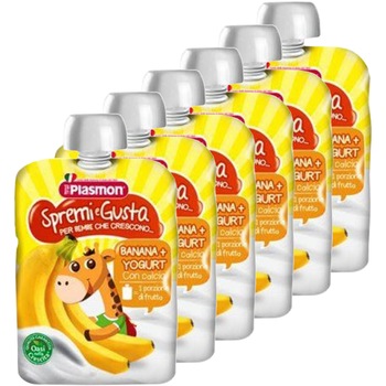 Piure Plasmon din Banana, Iaurt si Calciu 100% , fara gluten,6 x 85 g, 6 luni Piure Plasmon din Banana, Iaurt si Calciu 100% , fara gluten,6 x 85 g, 6 luni