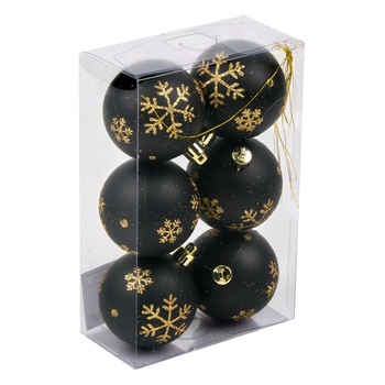 Set 6 globuri negre cu fulgi de zapada aurii de Craciun, DecorCasa, 6 cm Set 6 globuri negre cu fulgi de zapada aurii de Craciun, DecorCasa, 6 cm