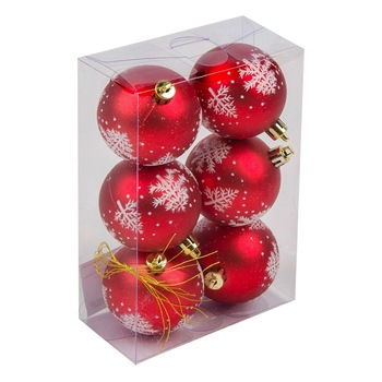 Set 6 globuri rosii cu imprimeu brad alb de Craciun, DecorCasa, 6 cm Set 6 globuri rosii cu imprimeu brad alb de Craciun, DecorCasa, 6 cm