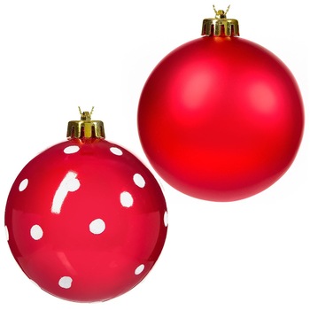 Set 12 globuri rosii lucioase cu buline albe de Craciun, DecorCasa, 6 cm Set 12 globuri rosii lucioase cu buline albe de Craciun, DecorCasa, 6 cm