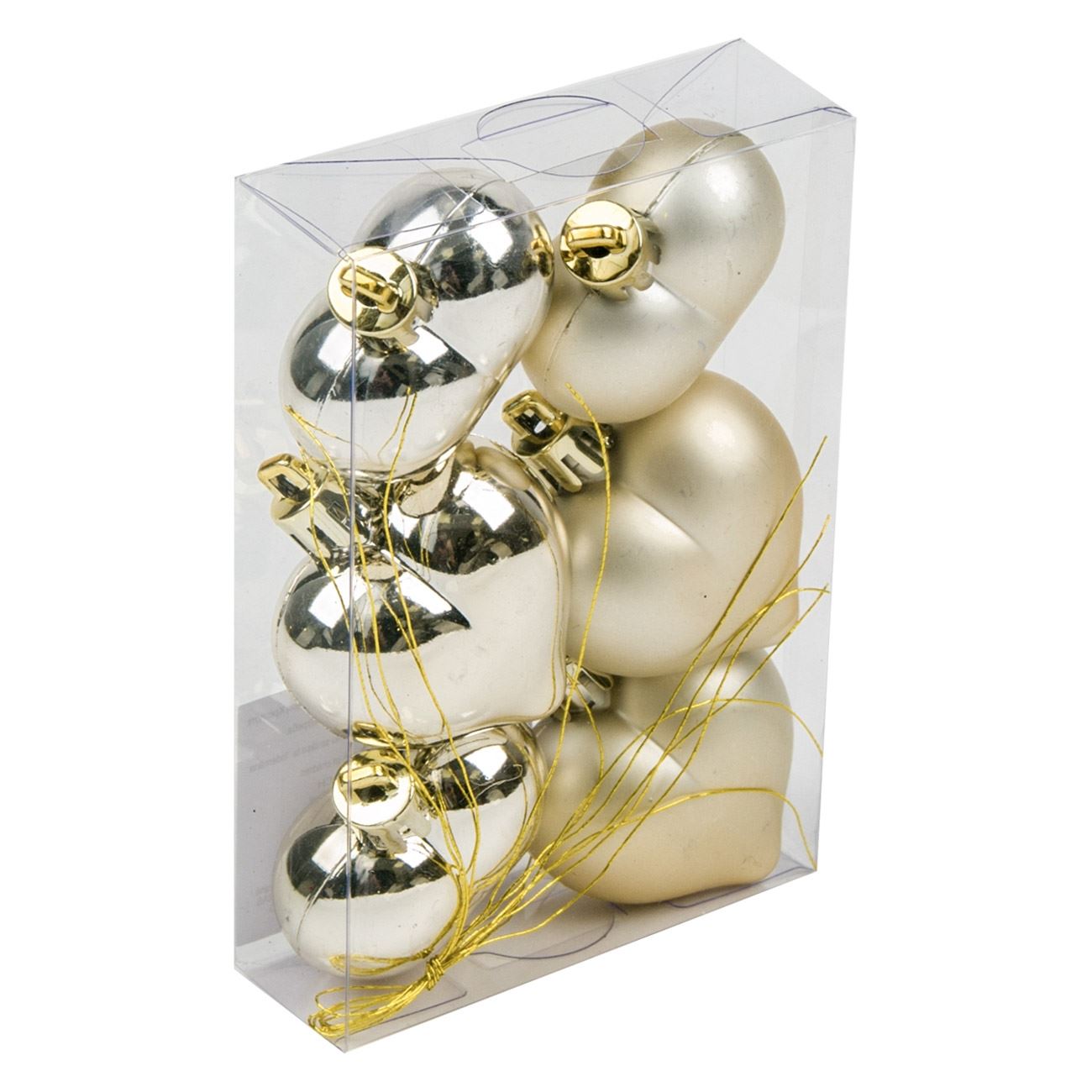 Set 6 globuri in forma de inima de Craciun culoare auriu sampanie, DecorCasa, 5 cm