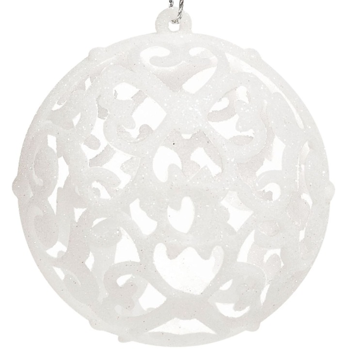 Комплект от 6 коледни топки, перфорирана шарка с блясък, 6 см, бели