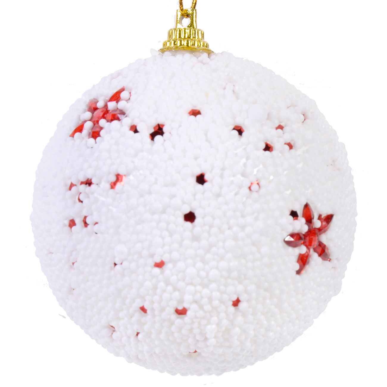 Set 6 globuri albe Craciun cu floricele rosii, DecorCasa, 8 cm