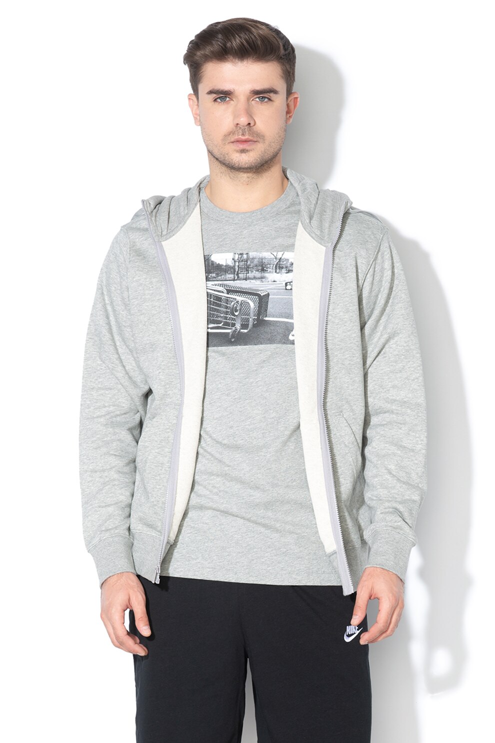 Nike, Hanorac cu fermoar si buzunare oblice Sportswear Club, Gri melange