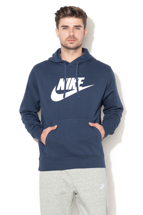 Nike, Худи Sportswear Club с лого и джоб кенгуру, Бял/Тъмносин