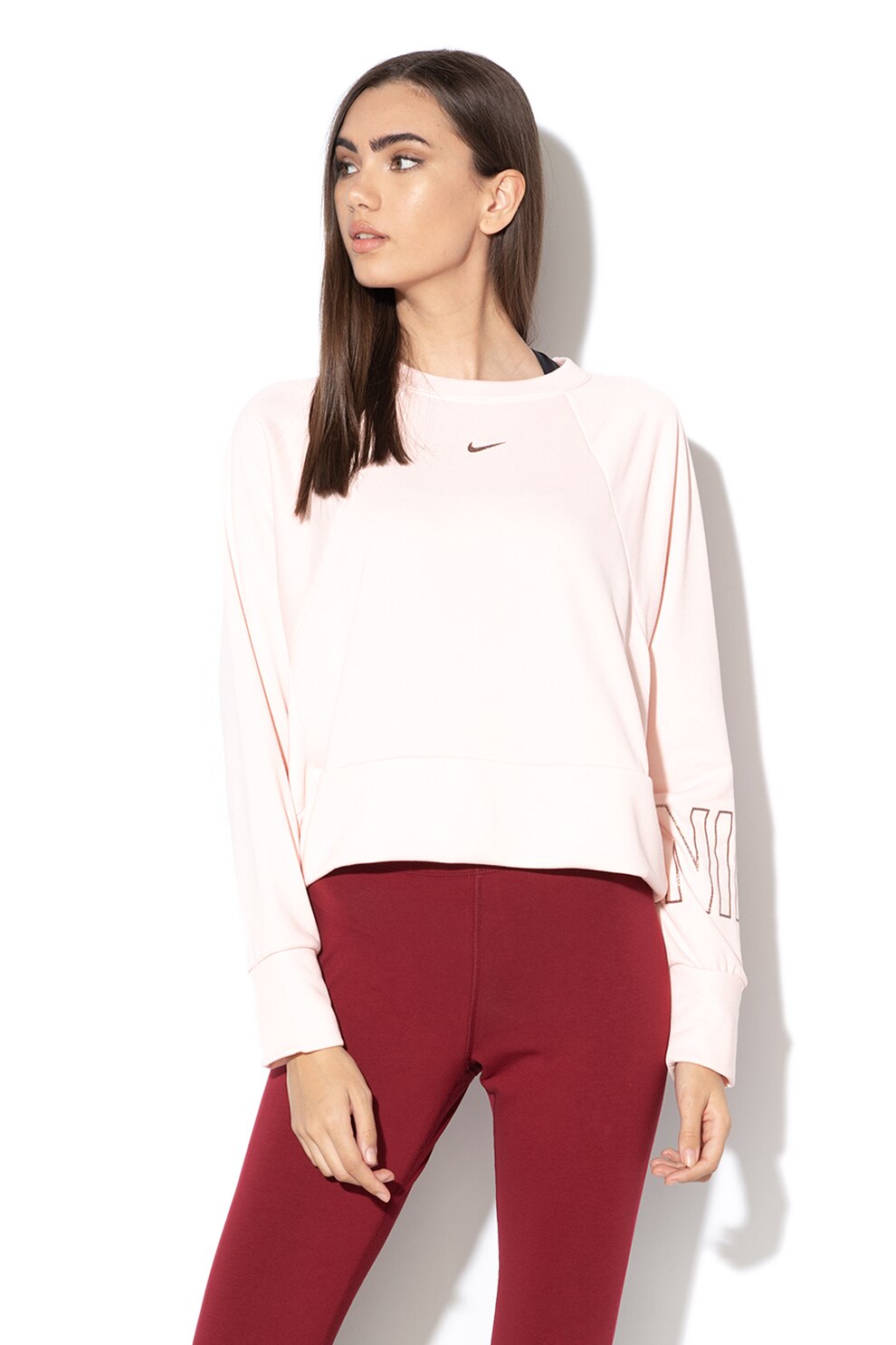 Nike, Bluza crop lejera realizata cu Dri-Fit, pentru fitness, Roz pal, XL