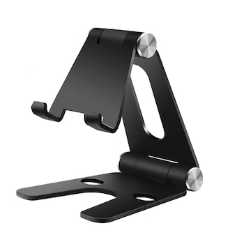 Suport reglabil universal de birou, 2 axe de reglare, pentru telefon sau tableta, din aluminiu, negru Suport reglabil universal de birou, 2 axe de reglare, pentru telefon sau tableta, din aluminiu, negru