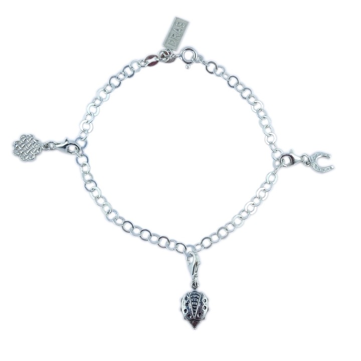 Персонализирана сребърна гривна NOROC 3 сребърни висулки с карабинер: детелина, подкова MAMARUTA регулируем GIOTTO670 Dras