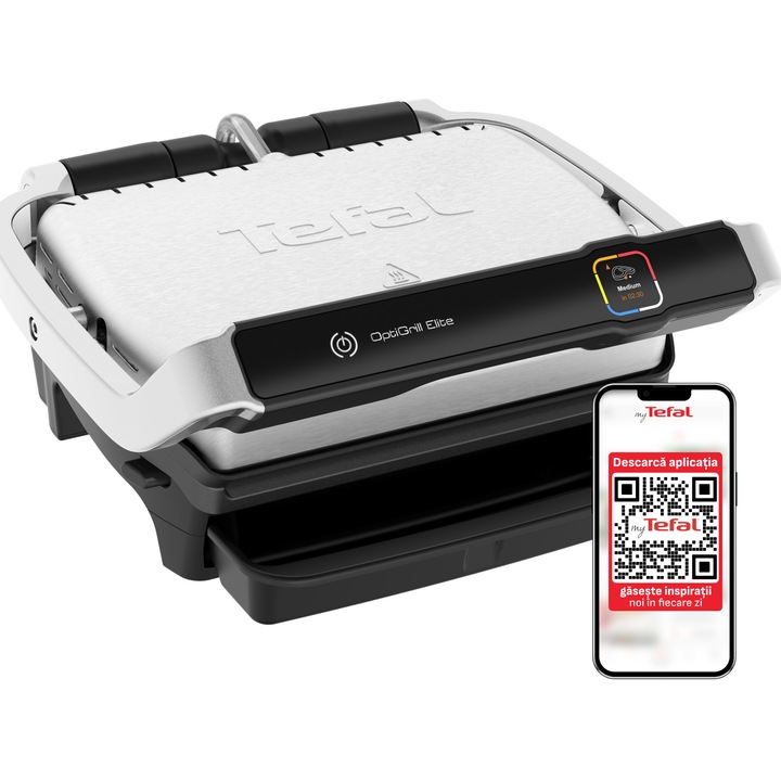 Gratar electric Tefal OptiGrill Elite GC750D30, 2000 W, 12 programe automate, suprafata gatire 30×20 cm, termostat reglabil 110-250 °C, functie Searing Boost, placi detasabile, tavita colectoare grasime, control tactil, negru/inox