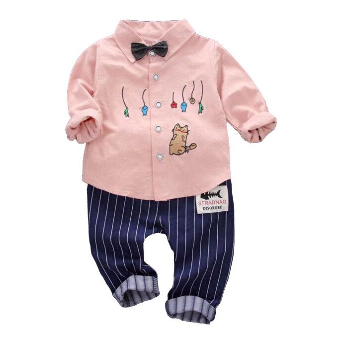 Compleu elegant bumbac baieti, camasa cu pisicuta si pantaloni, 2 piese, Roz/Bleumarin