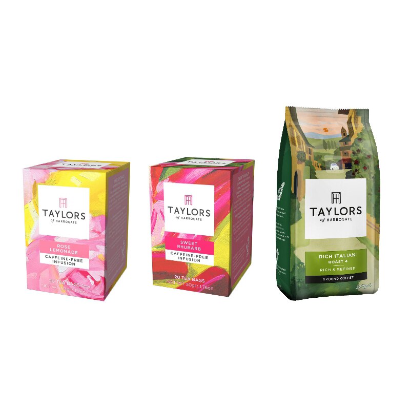 Pachet ceai infuzie Limonada Trandafir, 20 plicuri, infuzie Rubarba Dulce, 20 plicuri, Cafea Macinata Rich Italian, 227 g