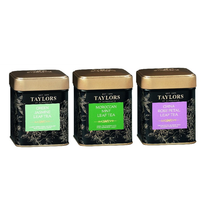 Pachet ceai Verde cu Iasomie, Ceai Verde Menta Marocana, Ceai Negru cu Petale de Trandafir, cutie metalica, 3 x 125 g