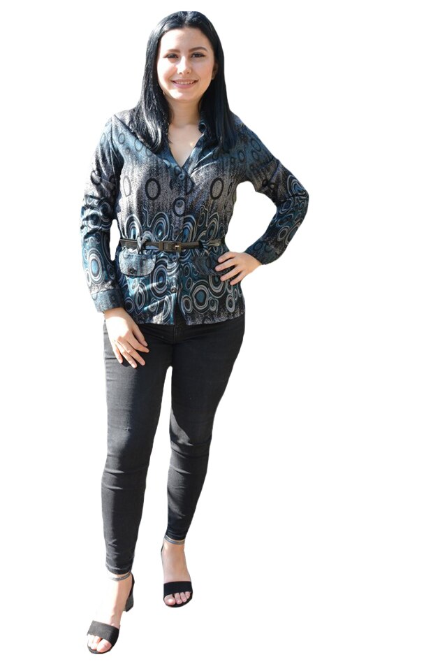 Bluza cu maneca lunga, cu curea in talie,decolteu in V,D&J Exclusive, Turcoaz/Negru