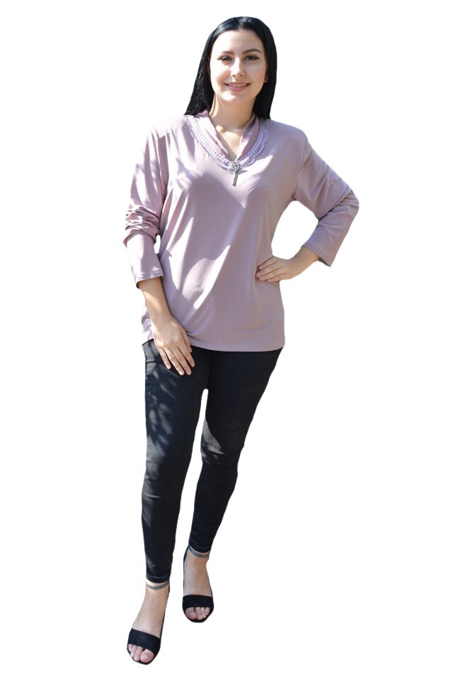 Bluza casual,cu inserti de dantela la decolteu si model cu strasuri,D&J Exclusive, Mov