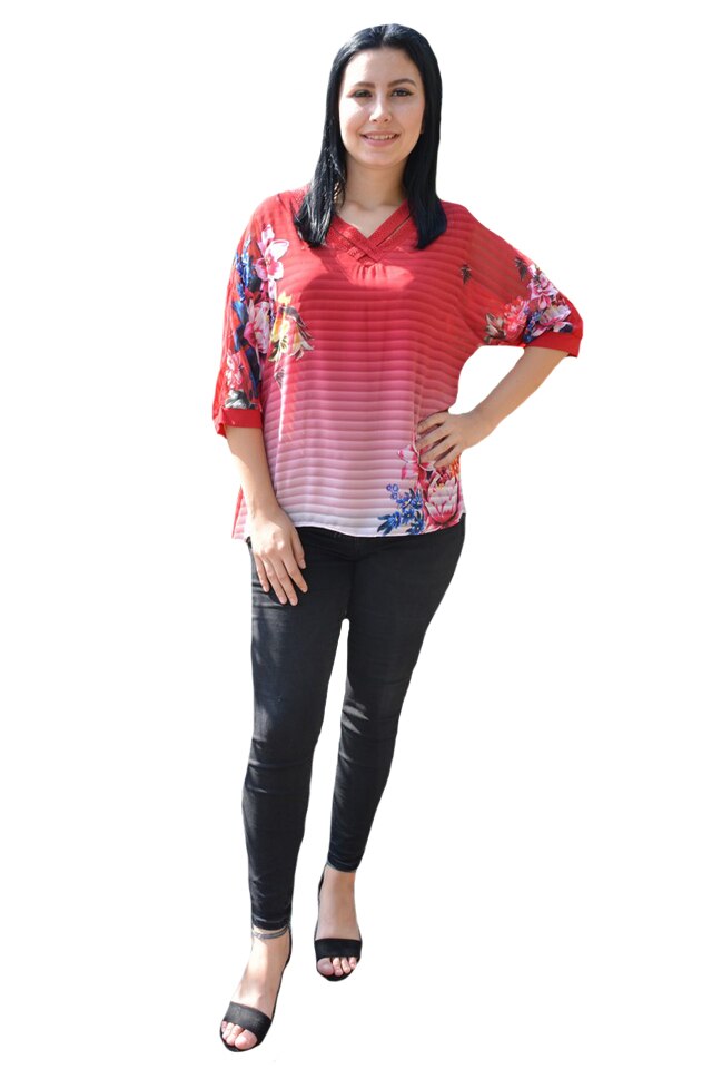 Bluza dama eleganta, decolteu in V,din material vaporos, cu dungi si flori,croi drept,D&J Exclusive, Rosu