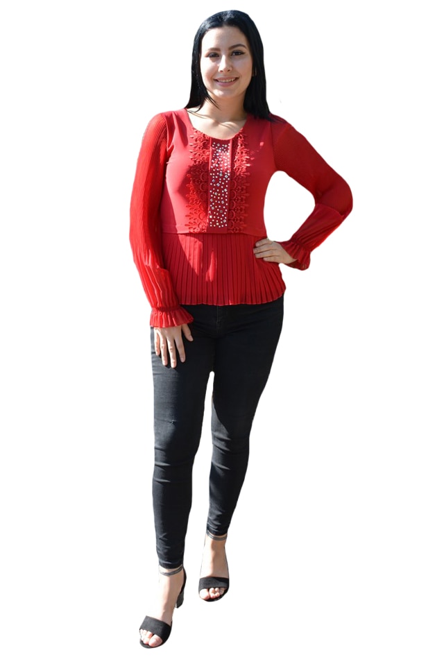 Bluza dama deosebita cu pliseuri si dantela in fata, decolteu rotund,model cu strasuri,D&J Exclusive, Rosu