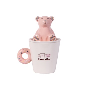 Cana ceramica cu capac si figurina ursuleti roz,300 ml Cana ceramica cu capac si figurina ursuleti roz,300 ml