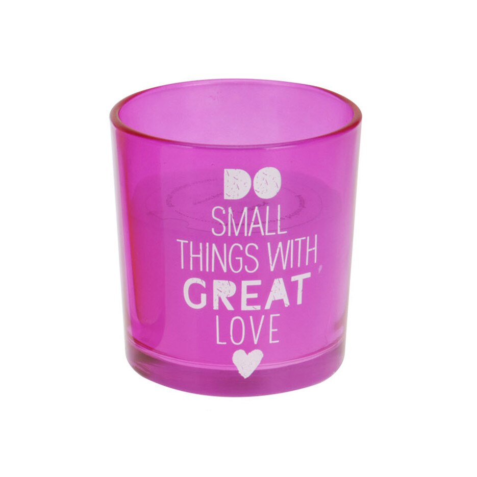 Lumanare in pahar sticla roz, mesaj imprimat, 10 cm