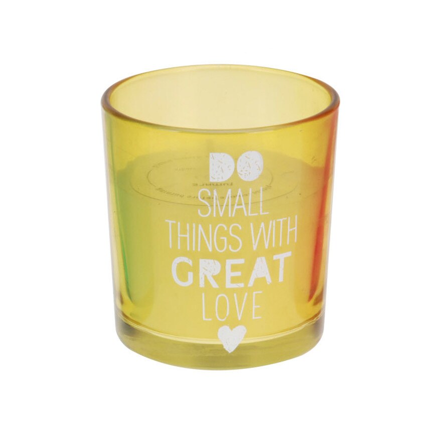 Lumanare in pahar sticla galbena, mesaj imprimat, 7.5 cm