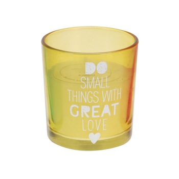 Lumanare in pahar sticla galbena, mesaj imprimat, 7.5 cm Lumanare in pahar sticla galbena, mesaj imprimat, 7.5 cm