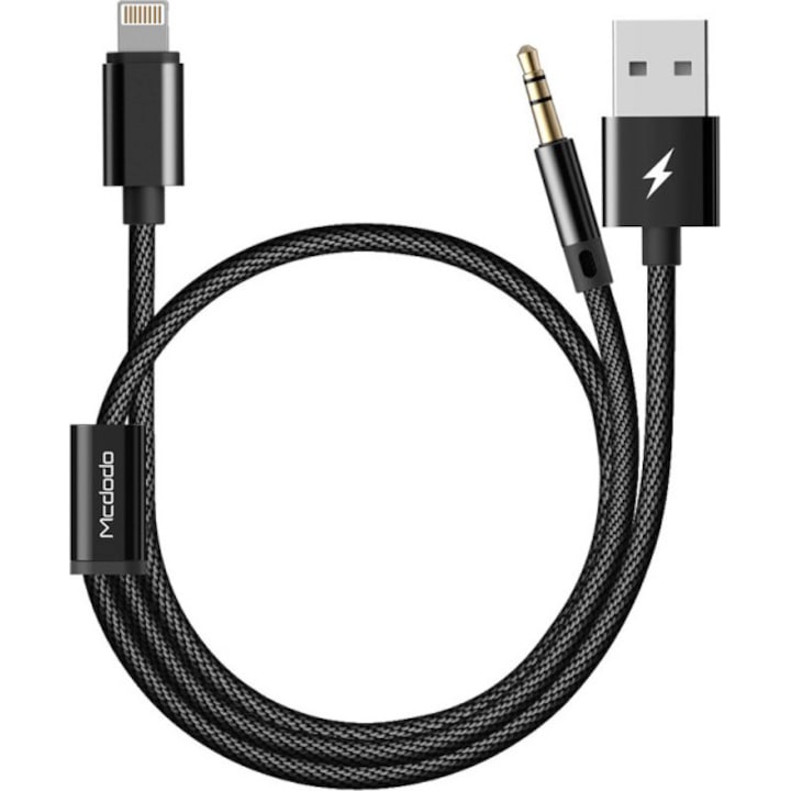 Kábel 2 az 1-ben Mcdodo típusú Lightning to Jack 3.5 + töltés, max 2A, 1,2m, fekete