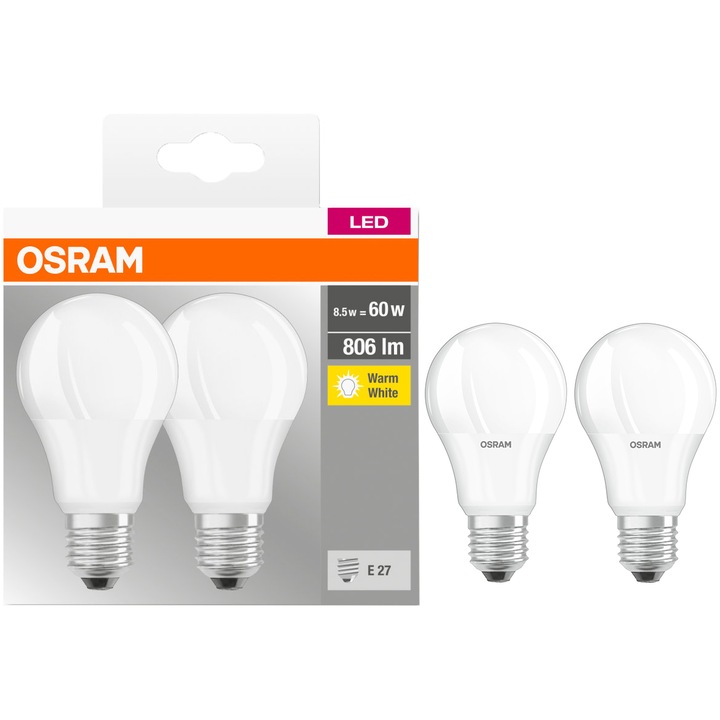 Set 2 becuri LED Osram Base Classic A60, E27, 8.5W (60W), 806 lm, lumina calda (2700K), clasa energetica F