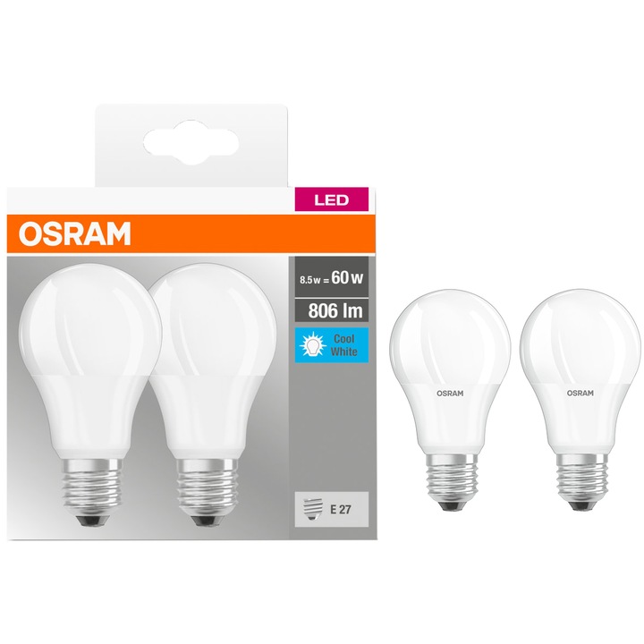 Set 2 becuri LED Osram Base Classic A60, E27, 8.5W (60W), 806 lm, lumina neutra (4000K), clasa energetica F