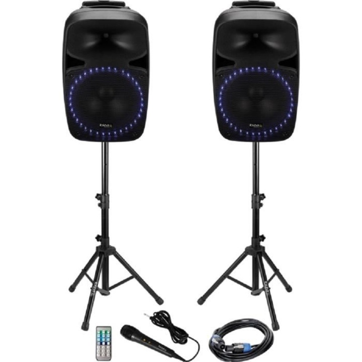Boxe Audio Profesionale Ibiza, Kit sonorizare 2 x 12 inch /30 cm, Putere 2 x 200 W, Sistem activ, Microfon si Telecomanda incluse, Port USB, Card SD, Tuner FM, Afisaj LED, 8 Ohmi