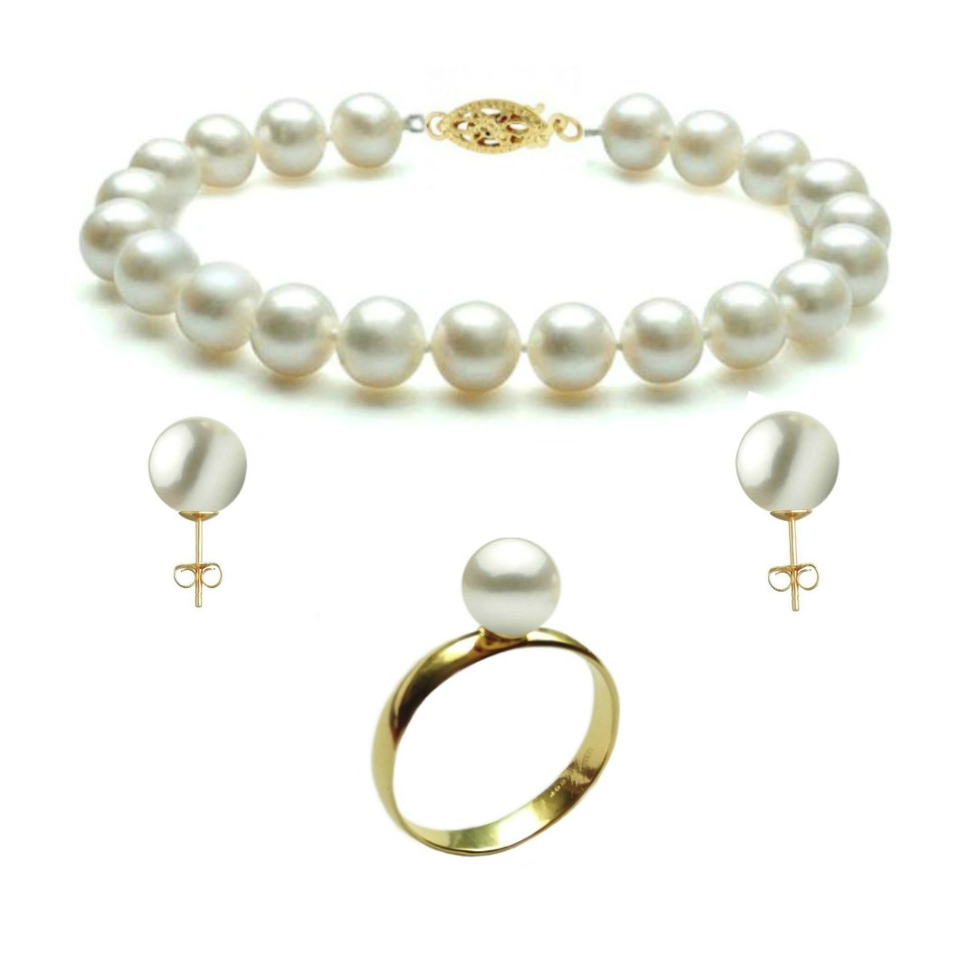 Set Aur Bratara, Cercei cu Surub si Inel cu Perle Naturale Premium Albe de 8 mm, marimea 16,5 mm