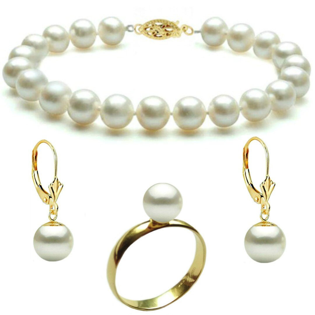 Set Aur Bratara, Cercei cu Totita Inchisa, Model Lalea si Inel cu Perle Naturale Premium Albe de 8 mm, marimea 21,3 mm