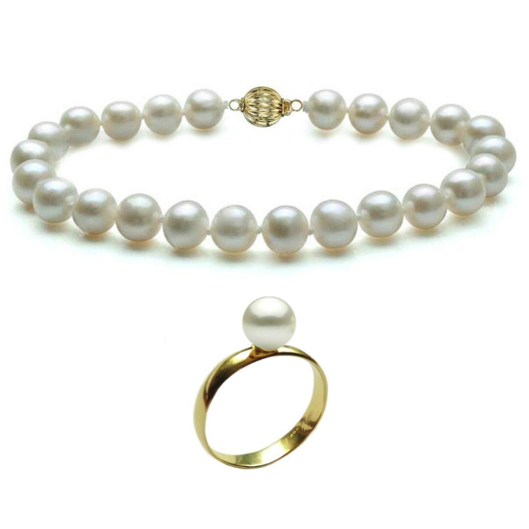 Set Aur Bratara cu Inchizatoare Sferica si Inel cu Perle Naturale Premium Albe de 8 mm, marimea 16,5 mm