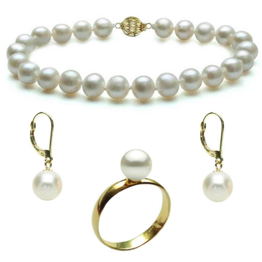 Set Aur Bratara cu Inchizatoare Sferica, Cercei cu Totita Inchisa si Inel cu Perle Naturale Premium Albe de 8 mm, marimea 17,3 mm