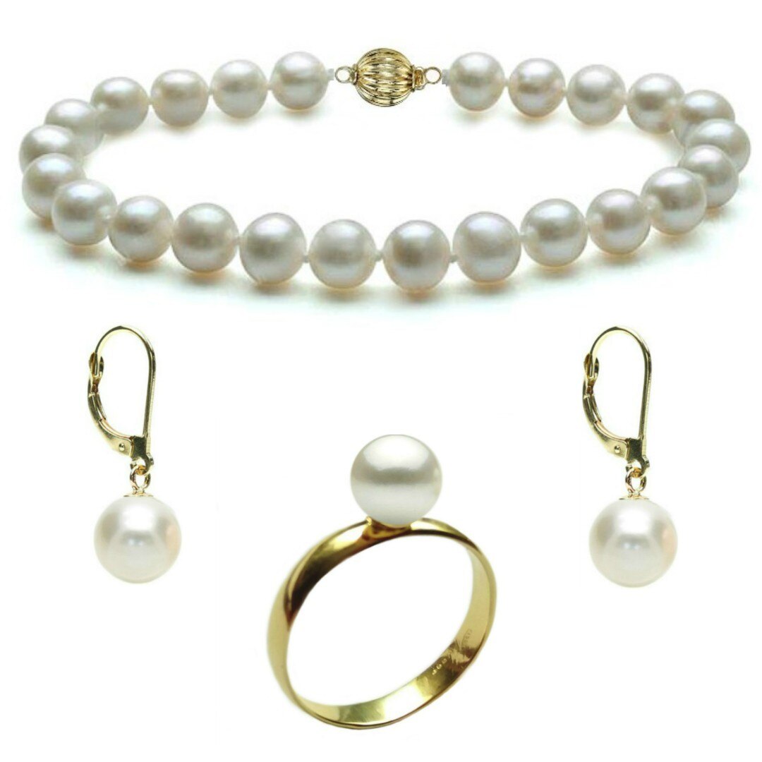 Set Aur Bratara cu Inchizatoare Sferica, Cercei cu Totita Inchisa si Inel cu Perle Naturale Premium Albe de 8 mm, marimea 20,6 mm