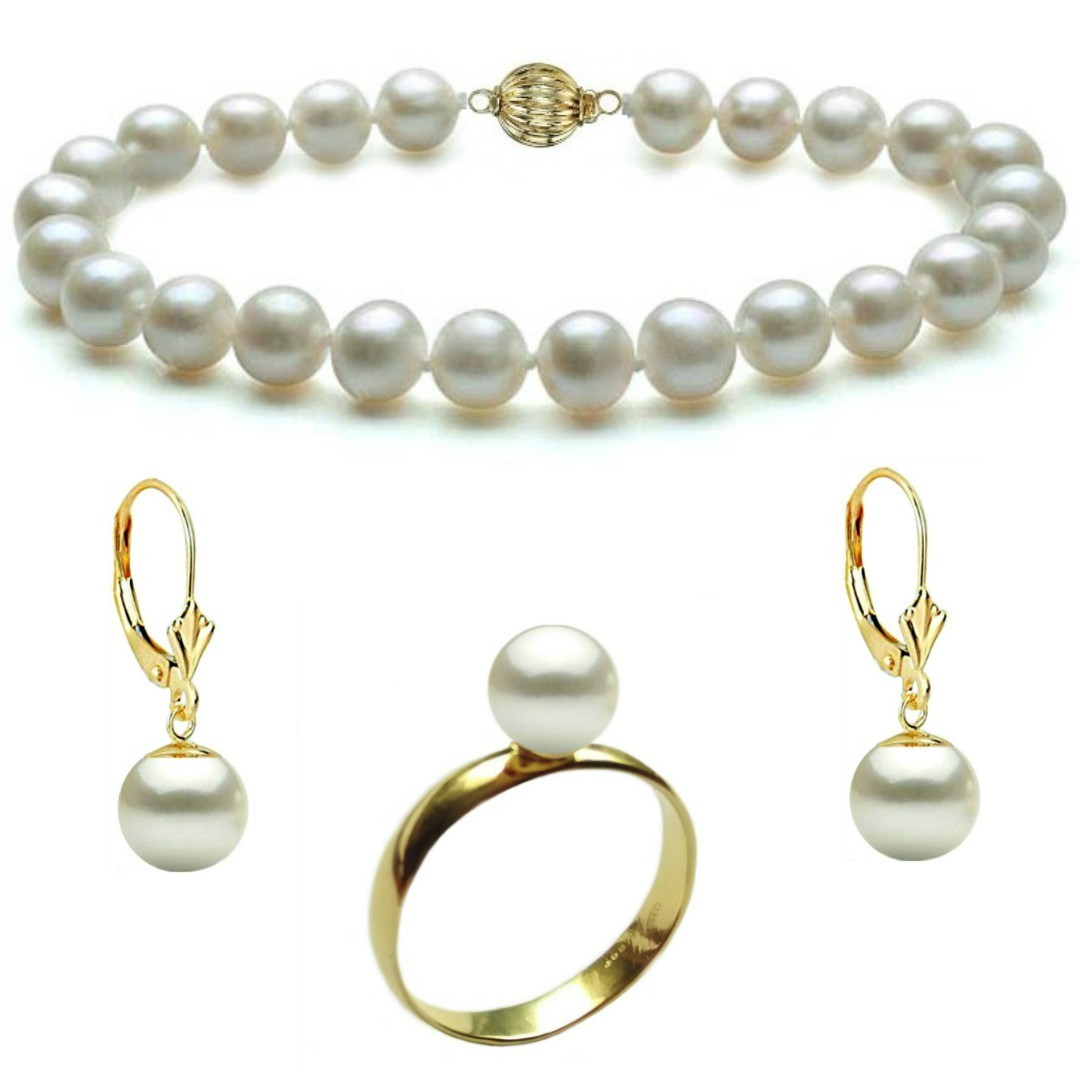 Set Aur Bratara cu Inchizatoare Sferica, Cercei cu Totita Inchisa, Model Lalea si Inel cu Perle Naturale Premium Albe de 8 mm, marimea 17,3 mm