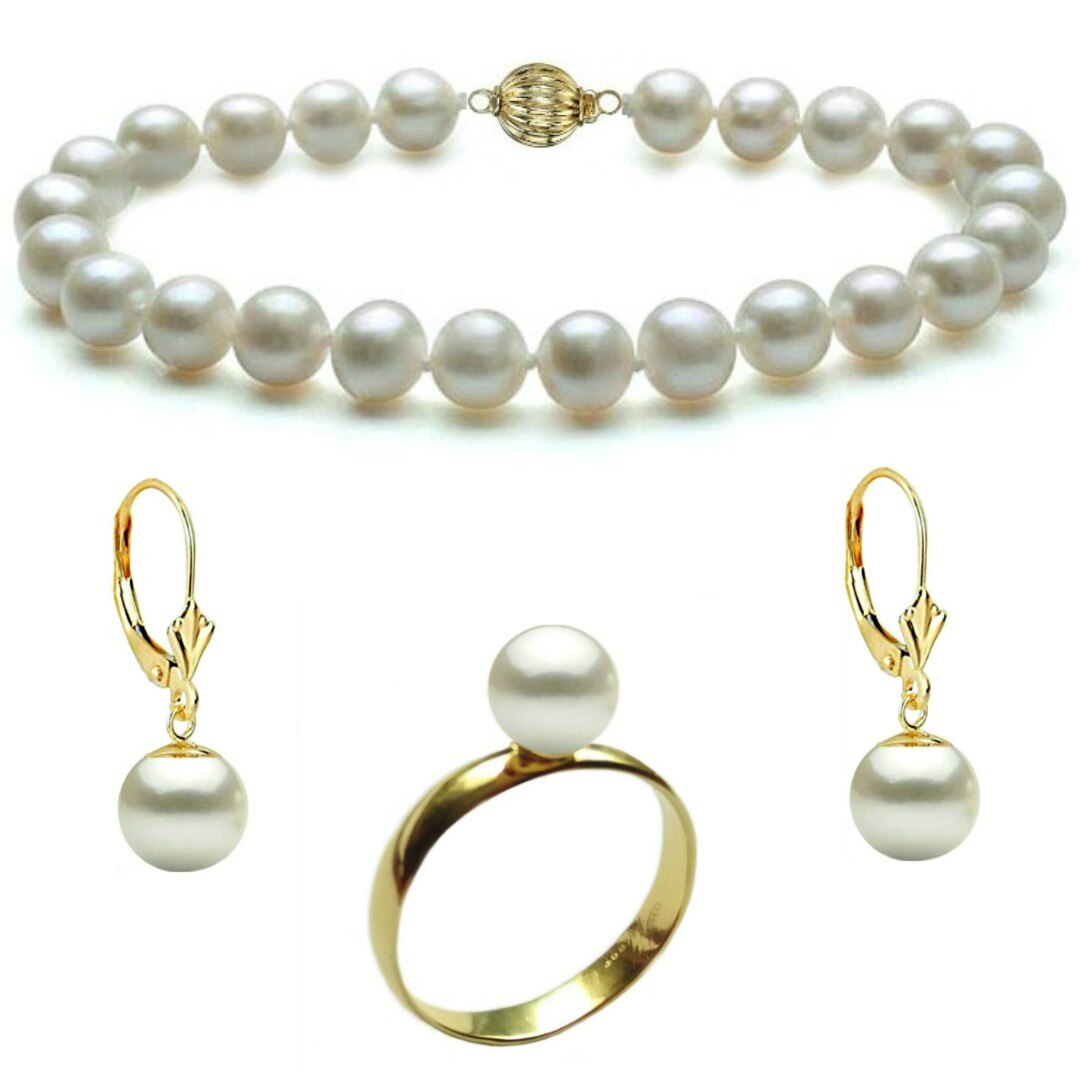 Set Aur Bratara cu Inchizatoare Sferica, Cercei cu Totita Inchisa, Model Lalea si Inel cu Perle Naturale Premium Albe de 8 mm, marimea 15,7 mm