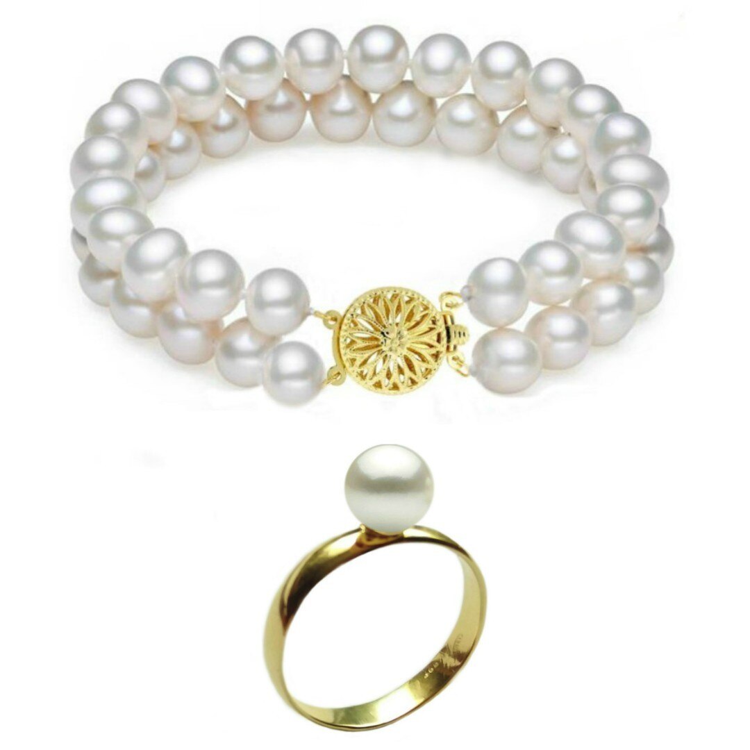 Set Aur Bratara Dubla si Inel cu Perle Naturale Premium Albe de 8 mm, marimea 19,8 mm