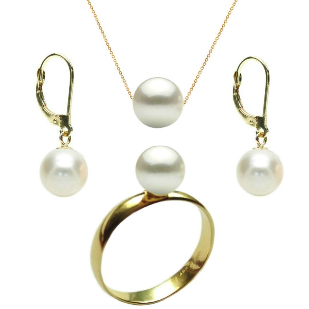 Set Aur Cercei cu Tortita Inchisa, Colier si Inel cu Perle Naturale Premium Albe de 8 mm, marimea 16,5 mm