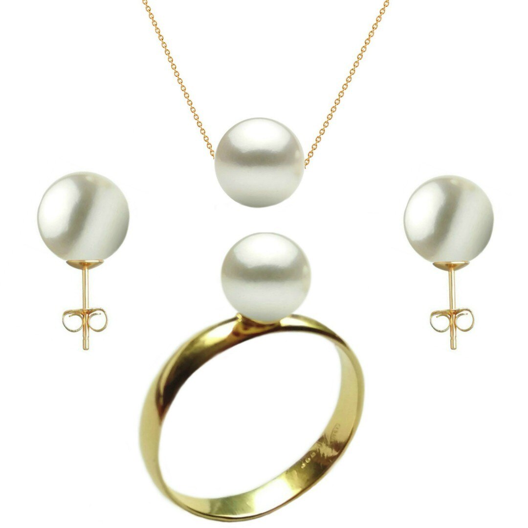 Set Aur Cercei Tip Surub, Colier si Inel cu Perle Naturale Premium Albe de 8 mm, marimea 18,2 mm