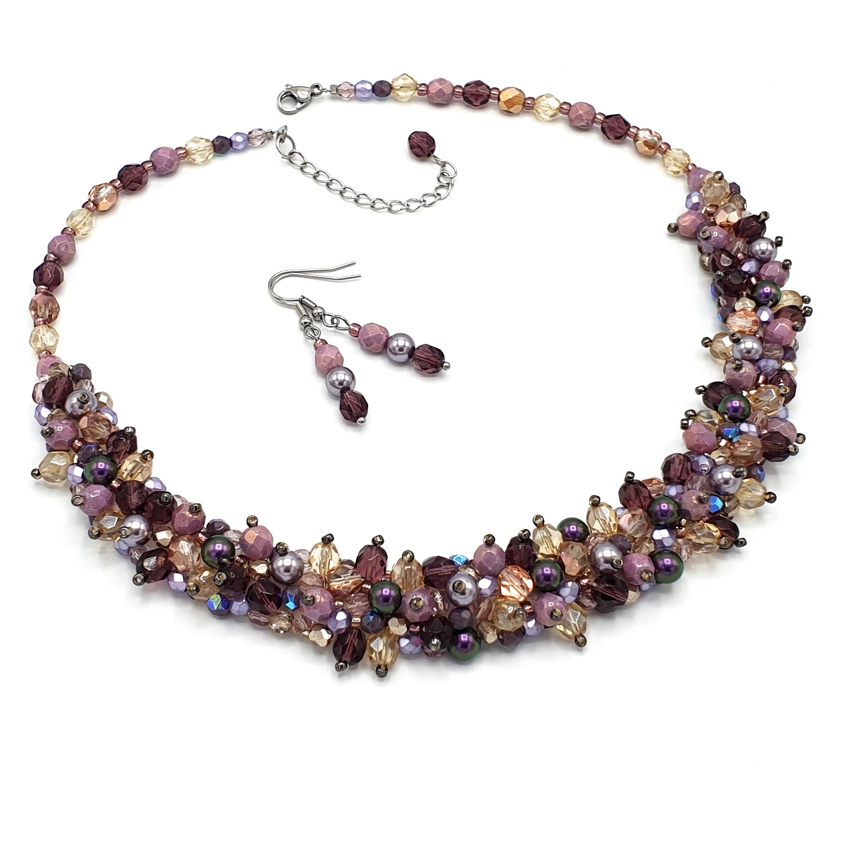 Set colier si cercei, perle, mov, Purple Candy, Zia Fashion
