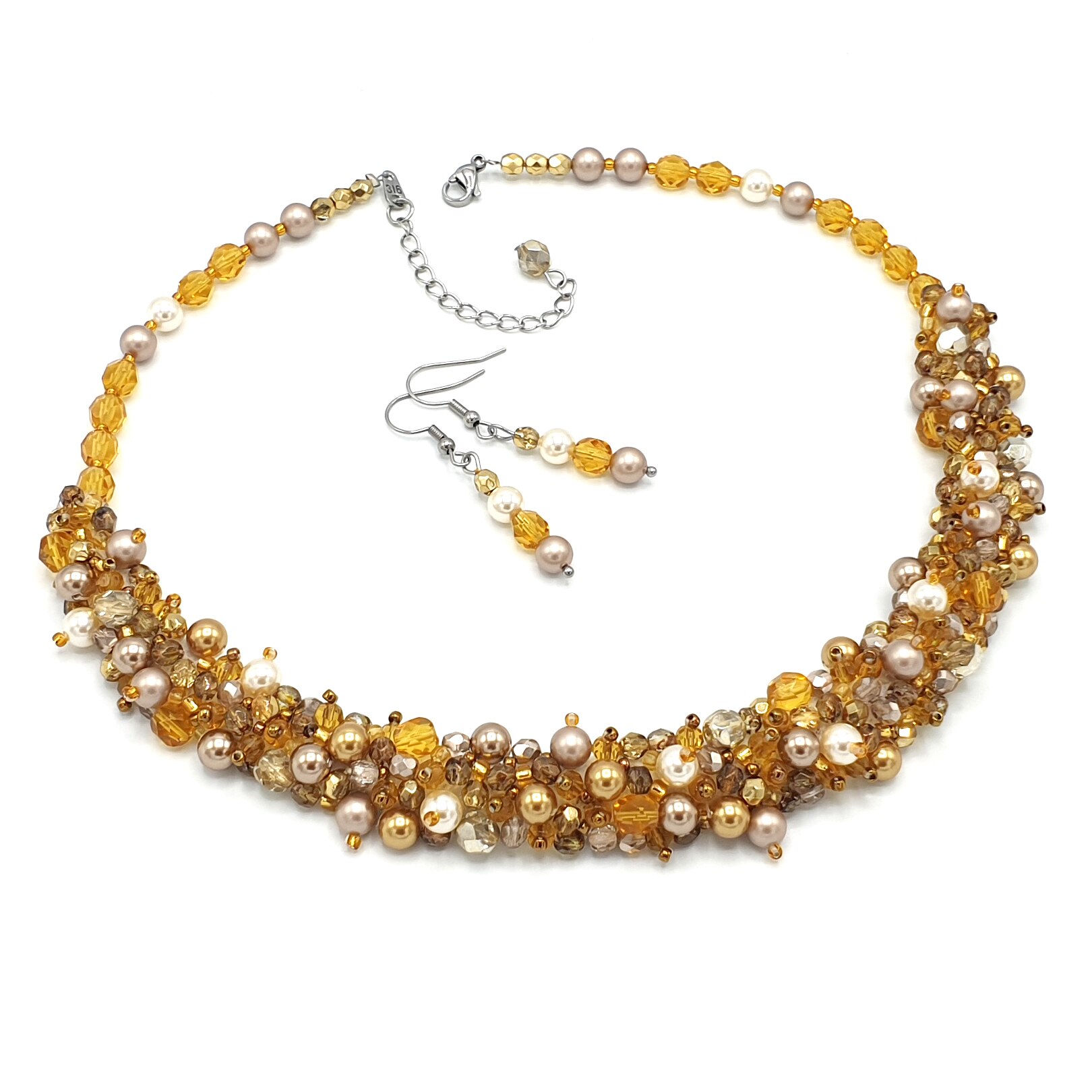 Set colier si cercei, perle Swarovski, auriu, Honey, Zia Fashion