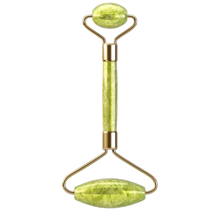 Rola din Jad si Gua Sha Set pentru Masaj Facial si Corporal - Jade Roller Anti Aging, Verde/Auriu