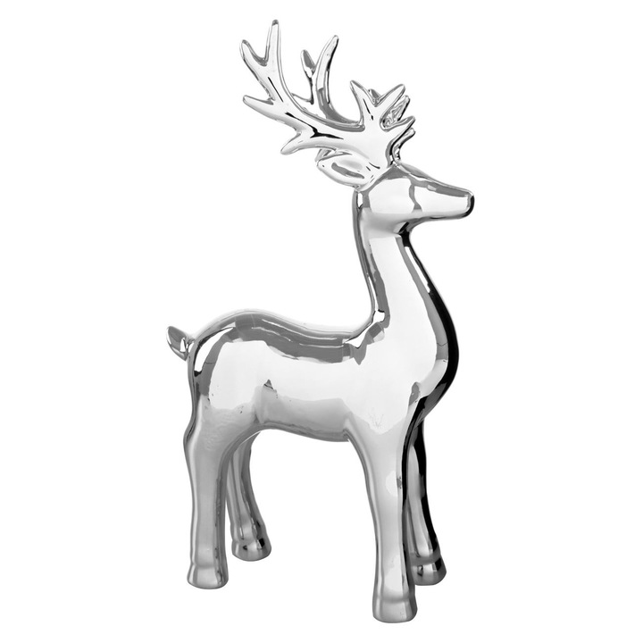 Порцеланова коледна фигурка във формата на сребърно еленче, DecorCasa, 13 х 23 см