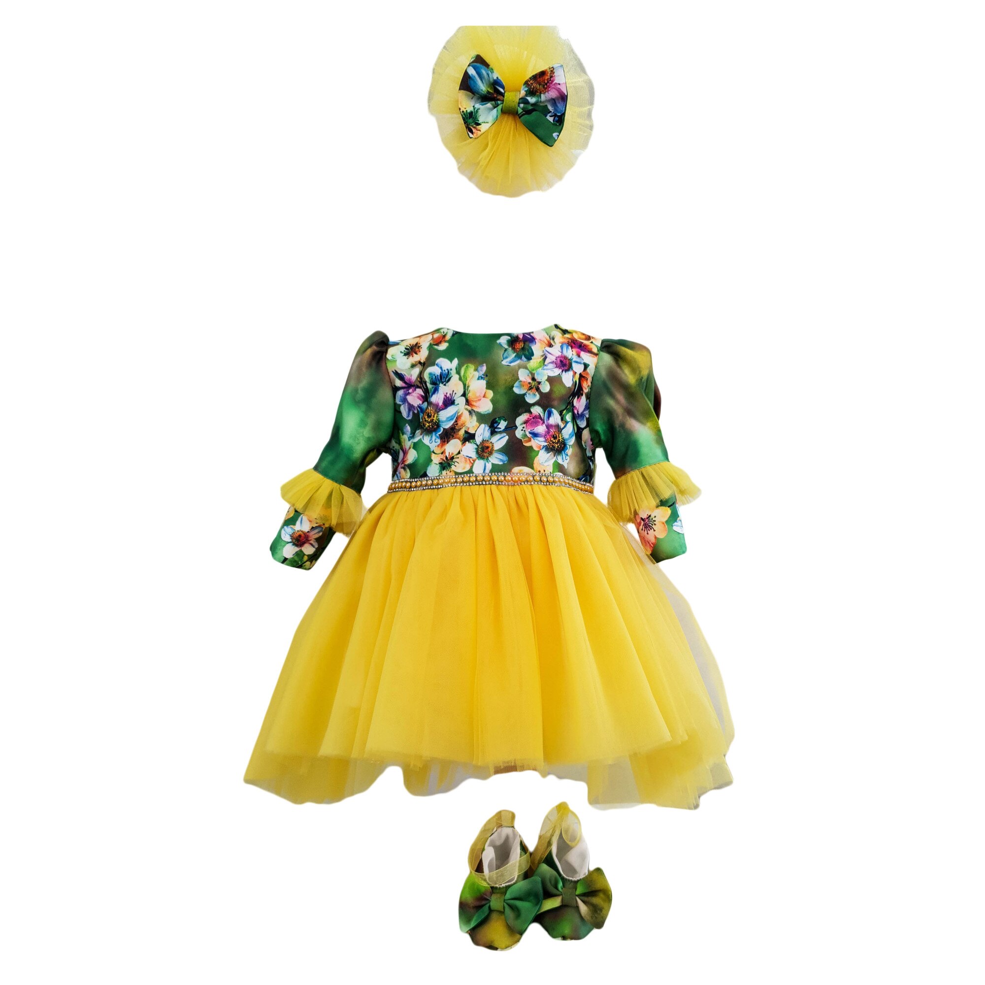 Rochie botez cu maneca lunga, model Donna, culoare verde-galben , varsta 9-12 luni