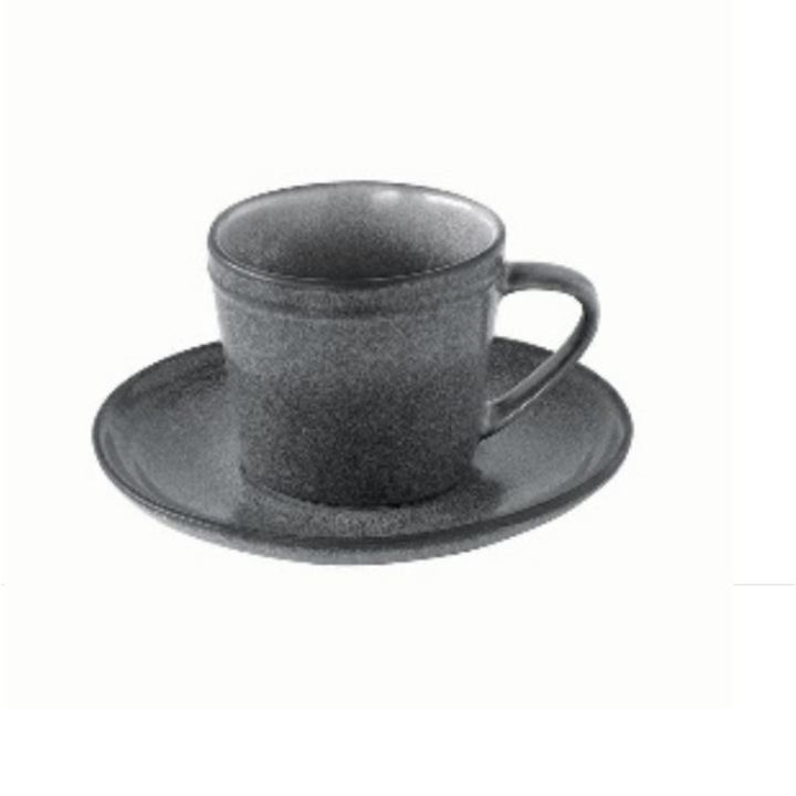 Ceasca si farfurie pentru ceai - Gri inchis, Ceramica, 225 ml