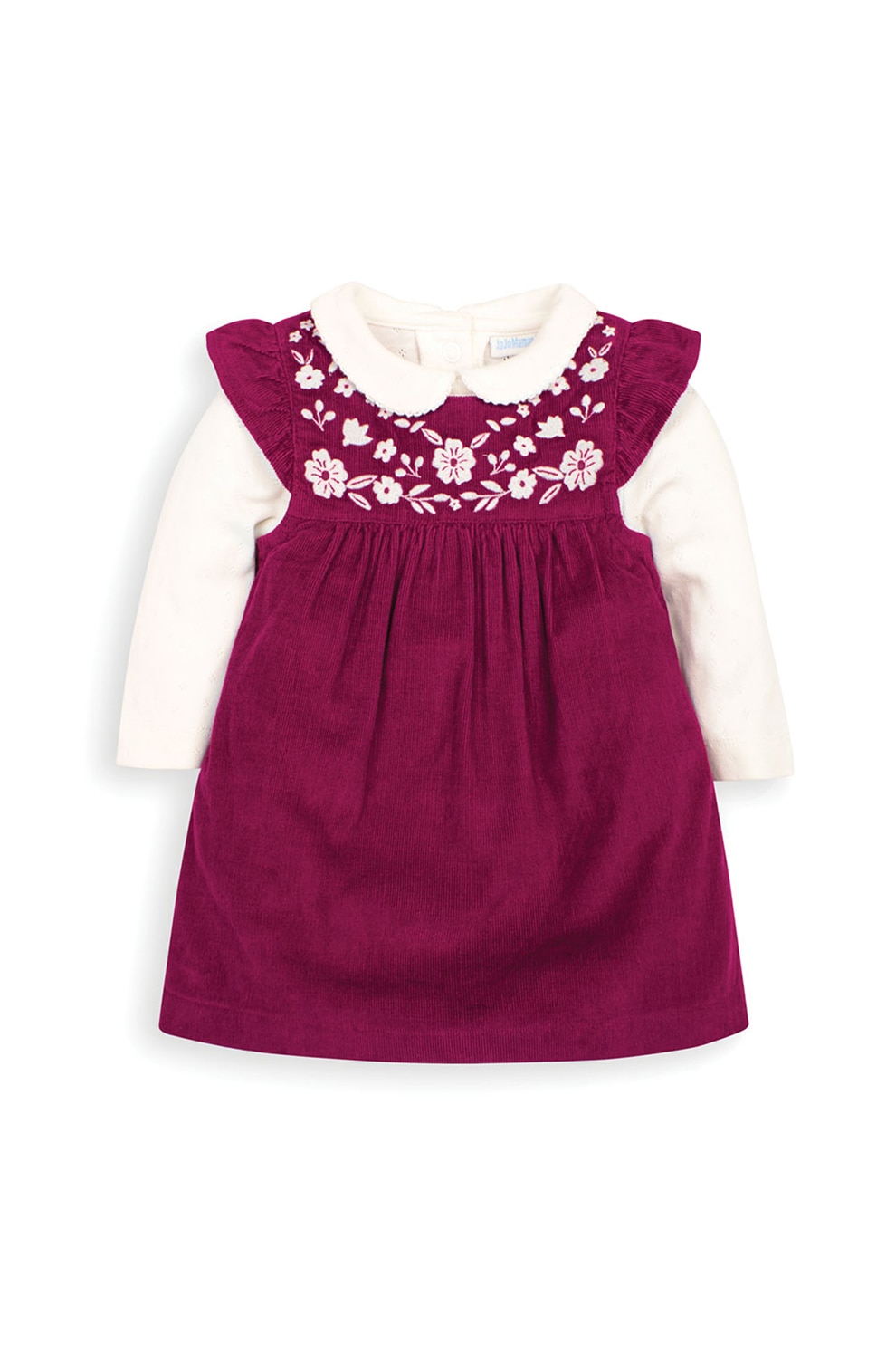JoJo Maman Bebe, Set de body si rochie din reiat, Alb/Roz zmeuriu