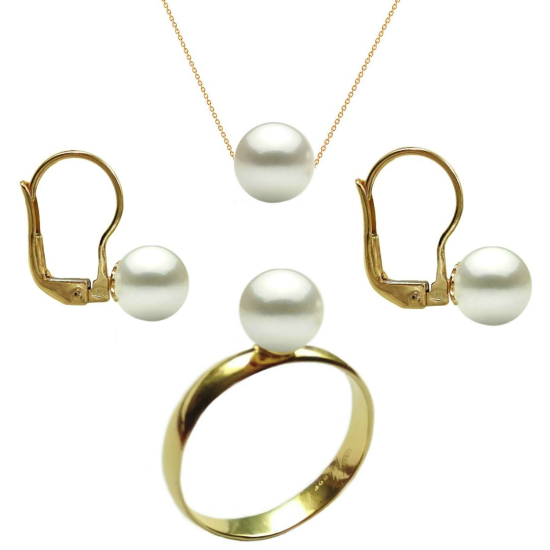 Set Aur Cercei cu Tortita, Colier si Inel cu Perle Naturale Premium Albe de 8 mm, marimea 18,9 mm