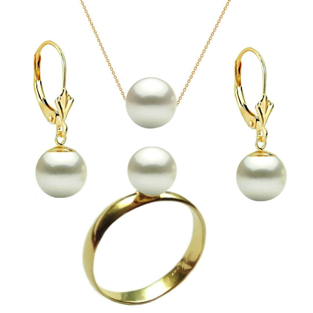 Set Aur Cercei Model Lalea, Colier si Inel cu Perle Naturale Premium Albe de 8 mm, marimea 18,2 mm